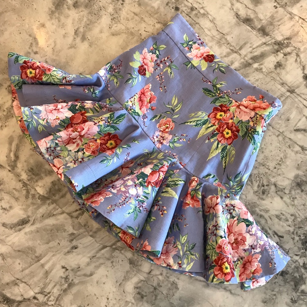 Zimmermann Floral Flip Mini Skirt, Cornflower, 0